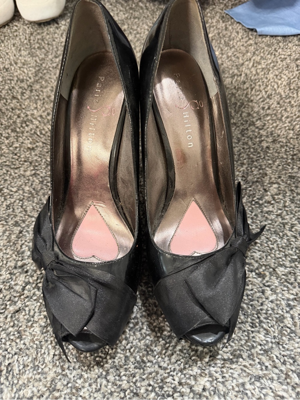 Paris Hilton Black Satin Peep-Toe Heels with Bow Accent size 9